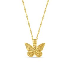 "14k solid gold mini butterfly pendant on solid gold chain. pendant measures 1/2\"in diameter, chain measures 18\" long. high polish finish. ** includes 14k solid gold 18\" chain**" 14k Yellow Gold Butterfly Pendant Necklace, 14k Gold Butterfly Charm Pendant Necklace, 14k Gold Butterfly Necklace Pendant, Gold Chain Pendant, Kids Gold Jewelry, Mini Butterfly, Pretty Jewelry Necklaces, Jewelry Accessories Ideas, Solid Gold Chains