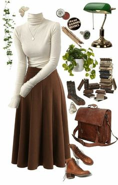 Long Brown Skirt Outfit, Edwardian Cottage, Dark Academia Outfits, Dark Academia Outfit, Academia Outfits, Academia Style, Dark Academia Fashion, Cottagecore Outfits, Academia Fashion