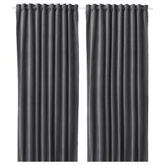 two dark gray curtains with pleated edges on the top and bottom, one is closed