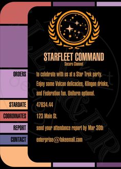 a flyer for the star trek command party, with information about its characters and dates