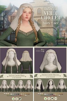 the medieval veil and circlet hairs + acc is shown in three different styles, including long braids