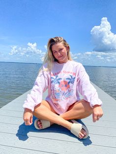 50% cotton, 50% polyester Size up for a more oversized fit! Oversized Pink Comfortable Sweatshirt, Oversized Long Sleeve Top For Vacation, Oversized Comfortable Spring Sweatshirt, Oversized Sweatshirt For Beach Vacation, Oversized Sweatshirt For Beach Season Vacation, Relaxed Fit Cotton Beach Sweatshirt, Summer Beach Cotton Sweatshirt, Oversized Sweatshirt For Beach In Summer, Cotton Summer Sweatshirt For Beach