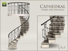 a set of stairs and railings in the shape of a spiral staircase with wrought iron handrails