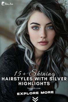 a woman with long hair and silver highlights is posing for a picture Dark Hair Silver Streak, One Silver Streak Hair, Black And Grey Balayage Hair, Balayage Silver Hair Brunette, Black Lowlights In Gray Hair, Grey Streaked Hair, Chocolate Brown Hair With Silver Highlights, Silver Hair Highlights Curly, Grey Low Lights Hair Dark Brown