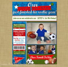 All Star Sports Birthday Invitation Sports Birthday Invitations, Second Birthday Ideas, Baby Boy First Birthday, Ball Birthday, Sports Birthday, Sports Party, All Sports