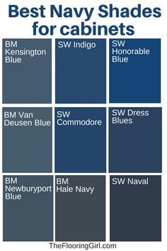 the best navy shades for cabinets in blue, gray and white color scheme with text overlay