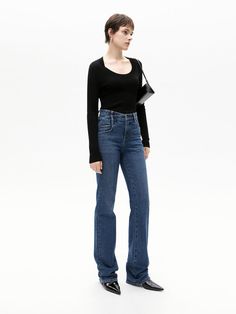 MO&Co. Women's Asymmetric Waist Straight Jeans Denim update. Crafted from comfortable cotton, these jeans are designed with vintage style in mind. Featured with a cross-over high waist, straight legs, and lightly blue wash, they are ready with you for retro casual days, or an effortlessly chic moment. Features : - Deconstructed waistband - Straight and skinny leg with slightly flared hems- Button closure, zip fly Code: MBC4JENT11The back length of size M/27 is 108cmMATERIALS & CARE Material: 99. Flared Jeans, Vintage Vibes, Jeans Denim, Straight Jeans, Business Casual, Denim Jeans, Vintage Style, High Waist, Straight Leg