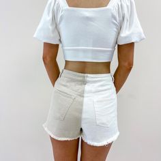 - 100% Cotton - Tan + white color - Model is pictured in a size small - Waist measurements: S - 26", M - 28", L - 30" Small Waist, White Color, White Shorts, Two Tone, Denim Shorts, Womens Shorts, Size Small, White, Color