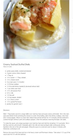 the recipe for creamy seafood stuffed shells is shown in this page, and it's ready to be eaten