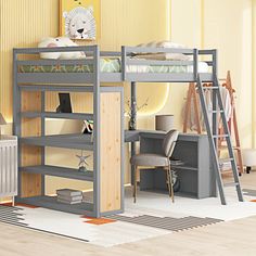 a bunk bed with desk and ladder in a child's room