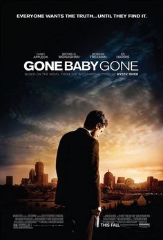 a movie poster for the film gone baby gone with a man standing in front of a cityscape