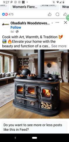 an instagram page with a wood stove in the middle