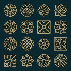 a set of nine ornamental designs in gold on a black background stock photo - budget conscious