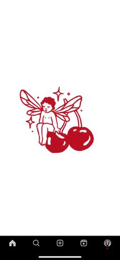 a red and white drawing of a fairy sitting on cherries