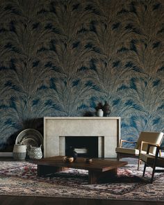 a living room scene with focus on the coffee table and wallpapered walls behind it