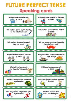 the future perfect tense speaking cards are available for kids to use in their speech skills