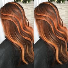 Brown Hair Chunky Highlights, Hair Chunky Highlights, Burnt Orange Highlights, Orange Brown Hair, Dark Brown Hair With Highlights, Vivid Hair, Hair Color Orange, Orange Highlights, Golden Brown Hair