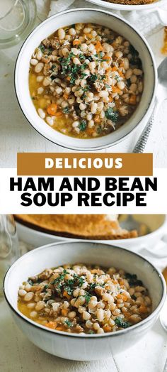 two white bowls filled with soup and topped with parmesan bread on the side