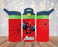 two red and green water bottles with spider - man on them, one has the word aboel printed on it