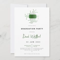 a green and white graduation party card with an electronic circuit design on the front,