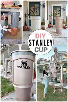 the diy stanley cup halloween decoration is made from an old trash can and skeleton