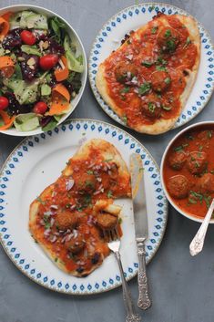 three plates with different types of food on them, one has meatballs and the other has salad