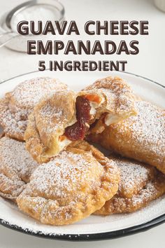 three pastries on a plate with the words guava cheese empanadas 5 ingredient