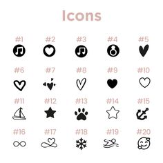 the icon set includes different symbols and numbers, including hearts, stars, and other things