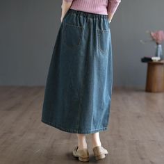 Details: Gender: Women Item Type: Skirt Material: Cotton Season: Spring, Autumn Pattern: Solid Style: Casual, Loose, Retro Waist Type: Elastic Waist Size: One Size Waist: 74.00 - 100.00 cm/ 29.13 - 39.37 " Length: 83.00 cm/ 32.68 " Hip: 112.00 cm/ 44.09 " Blue Non-stretch Denim Skirt With Pockets, Denim Blue Skirt With Pockets, Non-stretch Denim Blue Skirt With Pockets, Non-stretch Medium Wash Skirt With Pockets, Relaxed Fit Blue Denim Skirt With Pockets, Blue Denim Skirt With Pockets Relaxed Fit, Casual Non-stretch Skirt With Pockets, Casual Non-stretch Denim Skirt For Spring, Spring Casual Non-stretch Denim Skirt