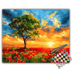 a painting of a field with flowers and a tree