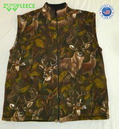 ZooFleece Brown Deer Vest Made in Brooklyn, NY Stand Up/ Fold Down Collar, Full Zipper, Two Fleece Side Pockets. This is a reversible vest so you can wear it on both sides! This fabric is exceptionally effective at keeping you warm without the weight of a bulky vest. The dual surface system with a tough outer layer allows for warm air to stay inside. Layering is essential to cold weather protection. The outer fabric is smooth and extremely soft.  We carry all sizes S-M-L-XL-XXL-3XL 100% Machine Sleeveless Tops For Outdoor Fall Activities, Winter Camouflage Top For Outdoor, Outdoor Fleece Vest, Outdoor Sleeveless Fleece Vest, Sleeveless Fleece Vest For Outdoor, Antler Hunting, Buck Antlers, Deer Animal, Brown Deer