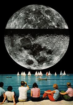 three people sitting on the edge of a pier looking at boats in the water under a full moon