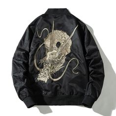 Ancient Dragon Embroidered Sukajan Souvenir Jacket #SukajanSouvenirJackets Check more at https://sukajanshop.com/product/ancient-dragon-embroidered-sukajan-souvenir-jacket/ Chinese Autumn, Mens Outdoor Fashion, Men Embroidery, Sukajan Jacket, Japanese Jacket, Dragon Chinese, Retro Coat, Harajuku Fashion Street, Pilot Jacket