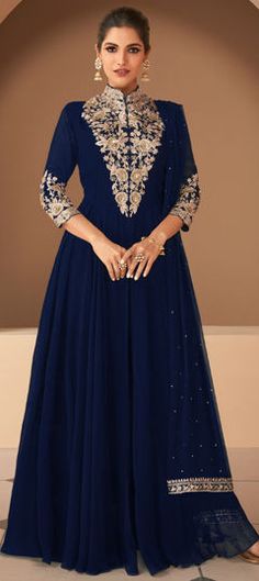 Blue color Salwar Kameez in Georgette fabric with Embroidered, Sequence work Luxury Turquoise Salwar Kameez With Zari Work, Blue Churidar With Intricate Embroidery For Party, Blue Floor-length Salwar Kameez With Intricate Embroidery, Blue Anarkali Set With Resham Embroidery For Reception, Blue Anarkali Set With Intricate Embroidery For Diwali, Blue Anarkali Set With Dabka Work For Wedding, Wedding Blue Anarkali Set With Dabka Work, Blue Semi-stitched Traditional Wear For Formal Occasions, Blue Semi-stitched Anarkali Set For Formal Occasions