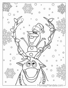 the christmas reindeer coloring page with santa clause on his head and snowflakes in the background