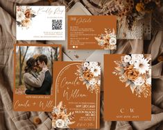 an orange and white wedding suite with flowers on the front, two photos in the back