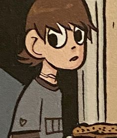 a drawing of a boy looking out the window with cookies in front of his face