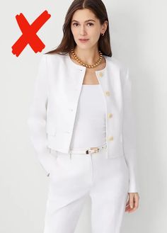 11 Blazers That Make You Look Older - In Fashion We Trust White Cropped Jacket Outfit, White Blazer Outfit Work, Linen Jacket Outfit, Linen Blazer Outfit, Crop Blazer Outfit, Cropped Blazer Outfit, Cropped Jacket Outfit, Linen Blazers Women, White Blazer Outfits