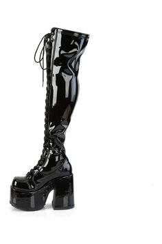 5" ChunkyHeel, 3" Platform Thigh-High Lace-UpBoot,OutSide Zipper - Fit Guide: Women's US Size Shown - Heel: 5" Heel, 3" Platform - Brand: Demonia - Country of Origin: Imported Fitted Black Platform Boots, Black Thigh High Platform Boots For Club, Black Thigh-high Platform Boots For Club, Black High Cut Platform Boots For Fall, Fitted Black Knee-high Platform Boots, Black Fitted Knee-high Platform Boots, Black High-cut Platform Boots For Fall, High Cut Black Boots For Winter, High Cut Black Winter Boots