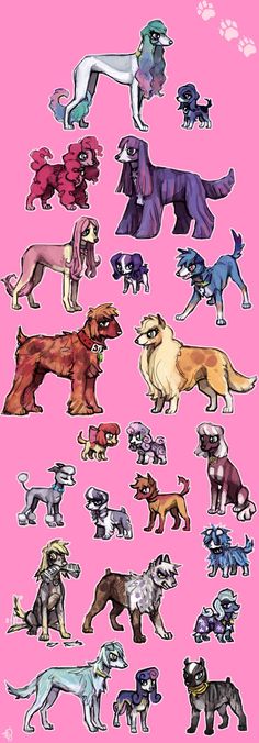 many different colored dogs on a pink background