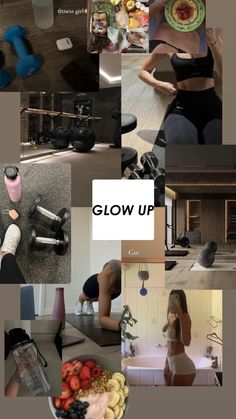 a collage of photos with the words glow up in white letters and images of women doing various activities