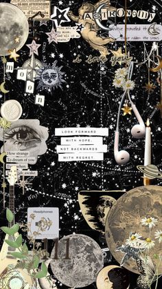 an artistic collage with various items in the sky and stars on it, including a clock