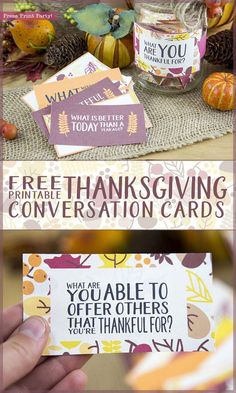 the thanksgiving conversation cards are being held by someone