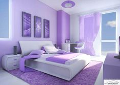 a bedroom with purple walls and white furniture