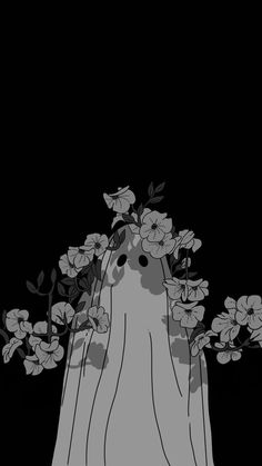 a black and white photo with flowers in the dark background, an illustration of a woman's face