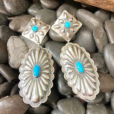 native made sterling silver Blue Concho Dangle Earrings, Artisan Turquoise Concho Earrings, New Mexico, Post Earrings, Turquoise Ring, Turquoise, Sterling Silver, Silver