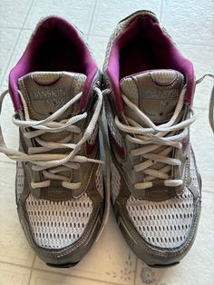 Pre owned women's size 10 Danskin Now gray mesh tie sneakers with dark pink/purplish trim Purple Low-top Mesh Running Shoes, Gray Mesh Sneakers With Ortholite Insole, Purple Lace-up Sneakers With Ortholite Insole, Purple Mesh Running Shoes With Round Toe, Purple Mesh Running Shoes, Tie Sneakers, State College Pa, State College, Sneakers Grey