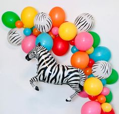 a zebra standing in front of a bunch of balloons