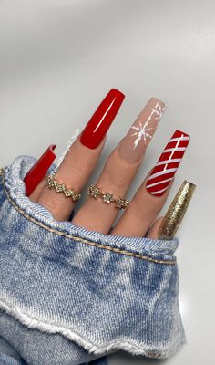 All Ready-to-Wear sets ship immediately❗️ "Jolly" Available ONLY in sizes & length⤵️ L: 0,4,3,5,7 Medium Square L: 0,4,3,5,7 Long Square Gorgeous Holiday Red Nails with Snow Flake, Peppermint, and Gold Glitter Detail. *You will receive a set of 10 nails, nail file, nail glue, wooden cuticle pusher, alcohol wipe, and detailed instructions on how to apply and remove your nail set *Please order a sizing Kit first if you do not know which size nail set to order Instagram: @PressedByStephT_Nails FaceBook: @PressedByStephT_Nails www.Pressedbystepht.com Unique Christmas Nails Acrylic, Red Christmas Acrylics, Red Christmas Chrome Nails, Long Nail Designs Winter, Peppermint Christmas Nails, Red And Gold Holiday Nails, Solid Christmas Nails, Christmas Nails Square Long, Christmas Nails Acrylic Square