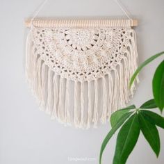 a macrame hanging on the wall next to a potted plant with green leaves